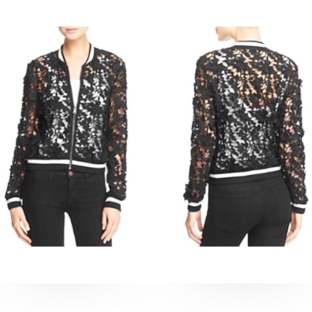 Lucy Paris Grace Lace Cutout Black Bomber Jacket Womens L